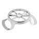 A stainless steel circular apple corer/slicer with handles.