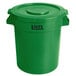 A green plastic Lavex commercial trash can with a lid.