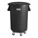 A black plastic Lavex 44 gallon trash can with wheels.