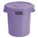 A purple Lavex round plastic trash can with a lid.