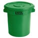 A green plastic Lavex trash can with a lid.