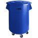 A Lavex blue round plastic trash can with wheels and a black lid.