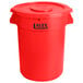 A red Lavex round plastic trash can with a lid.