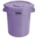 A purple Lavex round commercial trash can with a lid.