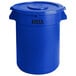 A blue Lavex 32 gallon round commercial trash can with a lid.