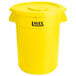 A yellow plastic Lavex trash can with a lid.