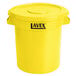 A yellow Lavex commercial trash can with a lid.