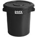 A black plastic Lavex commercial trash can with lid.