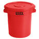 A red plastic Lavex trash can with a lid.