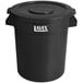 A black plastic Lavex round commercial trash can with lid.