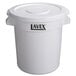 A white plastic Lavex trash can and lid.