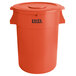 An orange Lavex 44 gallon commercial trash can with a lid.