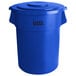 A blue plastic Lavex 55 gallon round trash can with a lid.