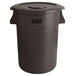 A brown Lavex 44 gallon round commercial trash can with a lid.