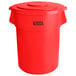 A red plastic Lavex 55 gallon trash can with a lid.