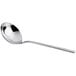 A Oneida stainless steel soup ladle with a long silver handle.