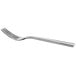 A close-up of a Oneida Chef's Table Mirror stainless steel dinner fork with a white handle.