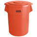 An orange Lavex commercial trash can with a lid.