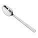A stainless steel slotted spoon with a hammered handle.