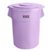 A purple Lavex plastic trash can and lid.