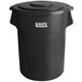 A black plastic Lavex trash can with a lid.