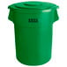 A green plastic Lavex trash can with a lid.