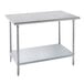 An Advance Tabco stainless steel work table with a galvanized undershelf.