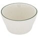 A white bowl with a green speckled rim.