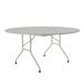 A round gray granite folding table with gray legs.