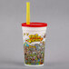 A white plastic "Fun at the Fair" cup with a red lid and straw decorated with a cartoon.