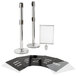 A Lancaster Table & Seating stainless steel crowd control stanchion with a clear sign cover.