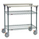 a metal shelf with wheels