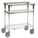 A Metro stainless steel PrepMate MultiStation cart with two shelves and wheels.