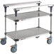 A silver Metro PrepMate MultiStation with stainless steel shelves and black wheels.