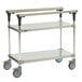 A silver metal Metro PrepMate MultiStation cart with two shelves.