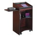 A mahogany Safco executive mobile lectern with a book on it.