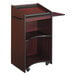 A Safco mahogany executive mobile lectern with a shelf.