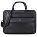 A black Solo vinyl briefcase with a strap.