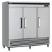 A large silver Turbo Air reach-in freezer with two doors open.