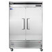 A silver Turbo Air reach-in refrigerator with two stainless steel doors.