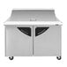 A large stainless steel Turbo Air refrigerated sandwich prep table with two doors.