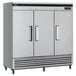 A large silver Turbo Air reach-in refrigerator with three doors.