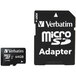 A black Verbatim MicroSDXC memory card with white lettering and an adapter.