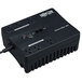 A black Tripp Lite UPS surge protector plugged into a wall outlet.