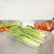 A Carlisle clear plastic food pan filled with lettuce and tomatoes on a counter.