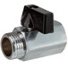 An Avantco stainless steel drain valve with a black knob.