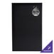 A black Oakmont menu cover with a silver coffee company logo on it.