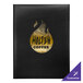 A black Oakmont menu cover with a logo of a yellow flame.