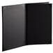 A black rectangular menu cover with black album style corners.