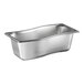 A close-up of a Vollrath stainless steel 1/3 size steam table pan with curved edges.